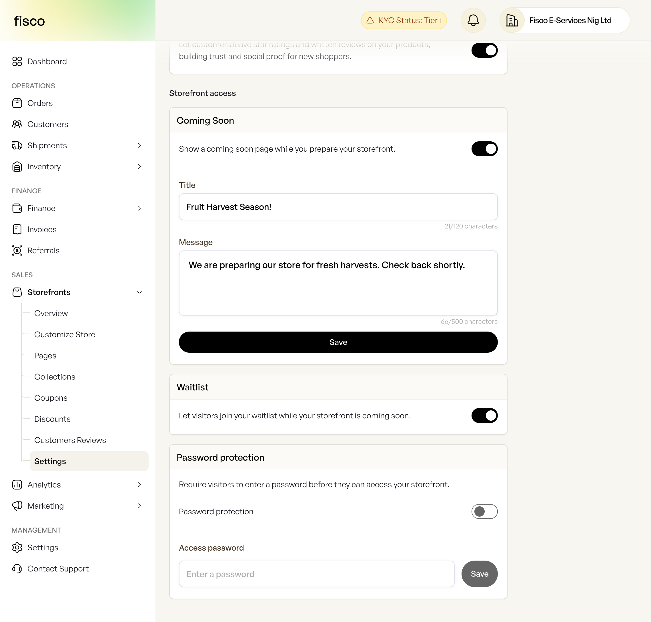 New storefront settings: coming soon, waitlist, and password protection