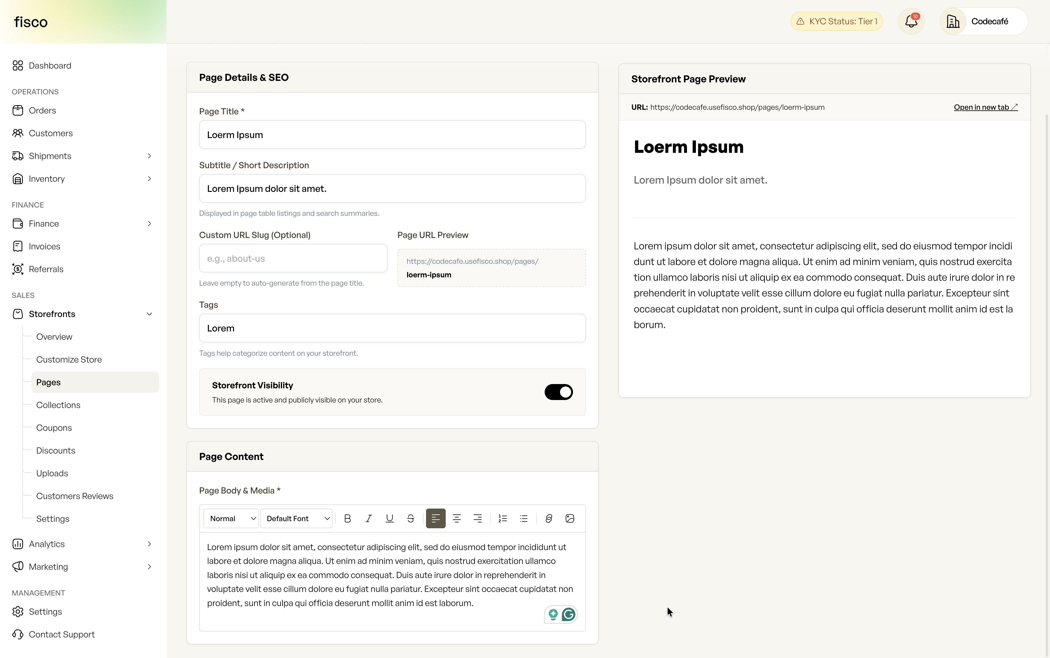 Creating a new page in Fisco